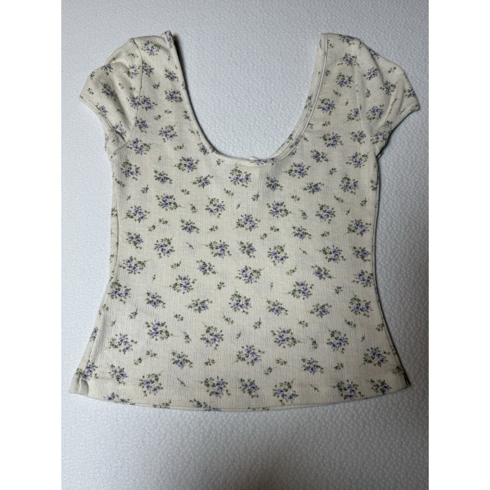 H&M Floral Ribbed Scoop Neck Top Cream Short Sleeve XS - Picture 3 of 3